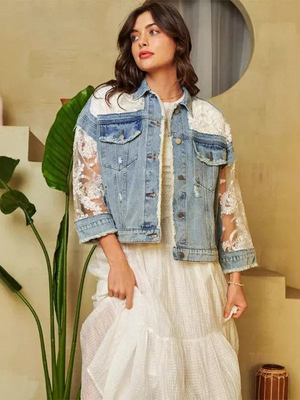 Denim Paneled Lace Crop Jacket With Three-quarter Sleeves For Autumn 2025