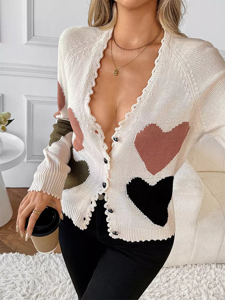 Heart Pattern Colorblock V-neck Cardigan For Women 2025