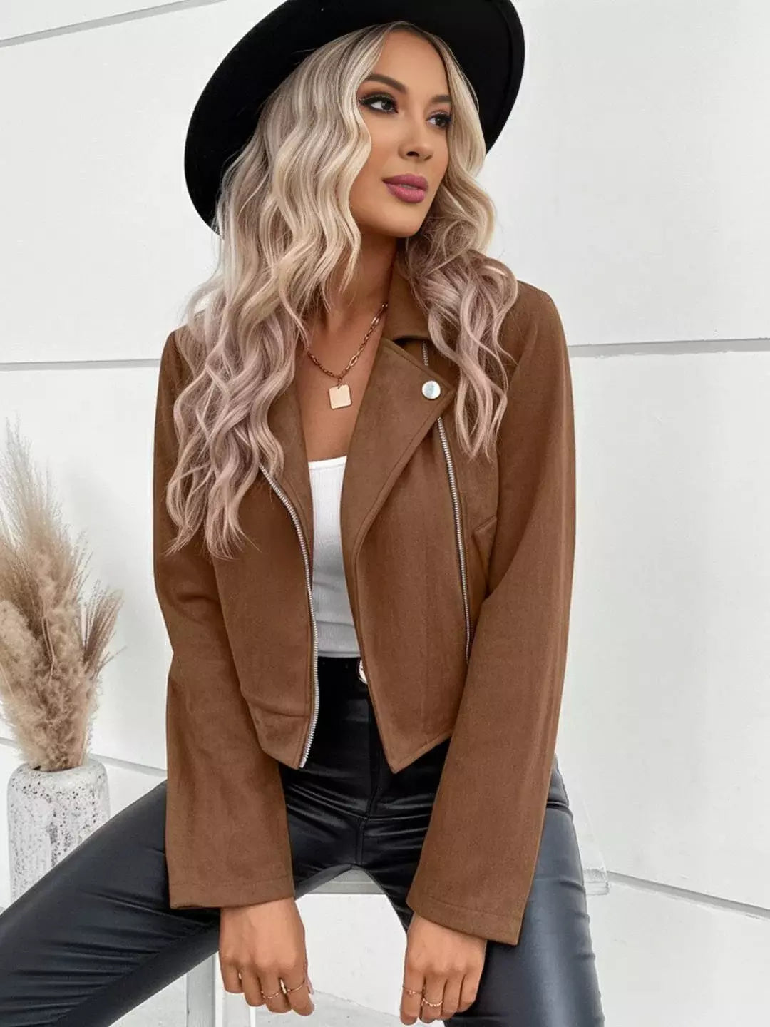 Suede Effect Zip-up Crop Biker Jacket For Women 2025