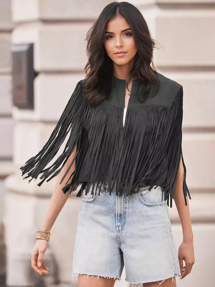 Western Cowgirl Fringe Vest Crew Neck Bohemian Spring Suede Jacket For Women 2025