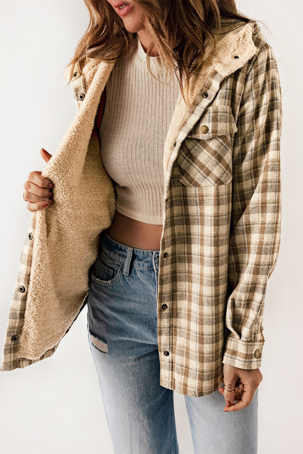 Plaid Pattern Sherpa Lined Hooded Shacket
